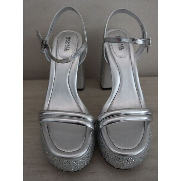 Michael Kors Women Sz 8.5M Silver Metallic Embellished Laci Platform Sandals - Picture 10 of 11